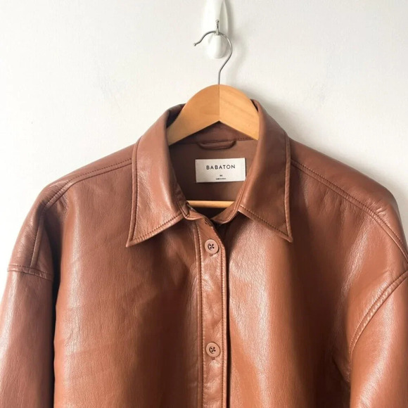 Aritzia Babaton Pelli Relaxed Vegan Leather Hip Shirt Jacket Brown Size Medium - Picture 7 of 10